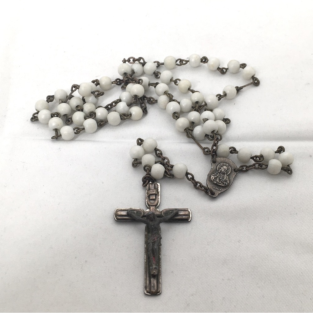 Vintage Silver And White Beaded Rosary, Italy